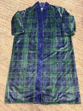 Lands' End women’s Green and Navy Plaid Plush Robe sz 3X (24W-26W)